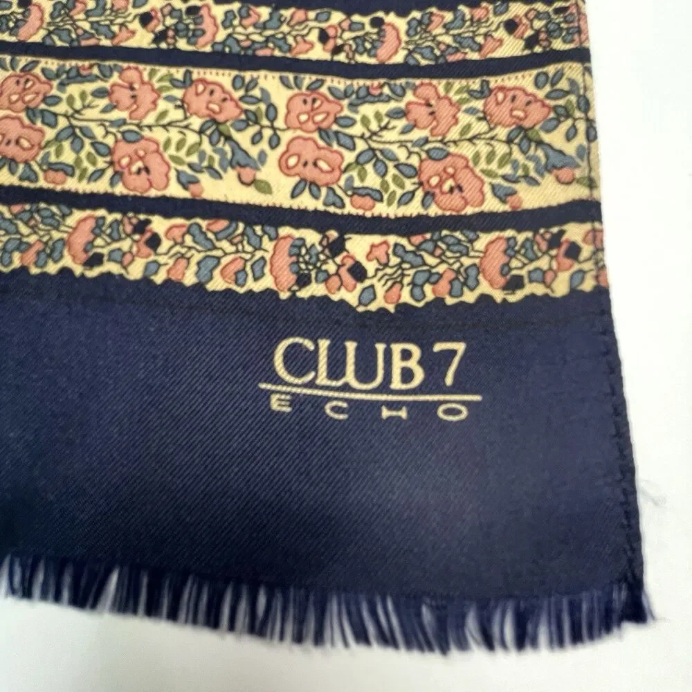 Club 7 ECHO Scarf Silk Navy Pink Floral Paisley Fringe Rectangle 11x52